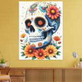 花エレガント付き砂糖スカル キャンバスプリント (インサイチュ (リビング))