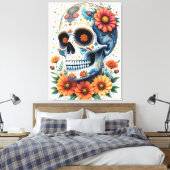 花エレガント付き砂糖スカル キャンバスプリント (インサイチュ (寝室))