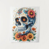 花エレガント付き砂糖スカル タペストリー (正面)