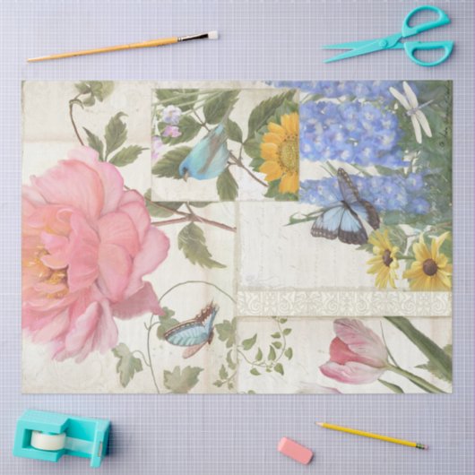 花エレガント咲きピンク蝶の鳥のデコップページ 薄葉紙 (クラフト)