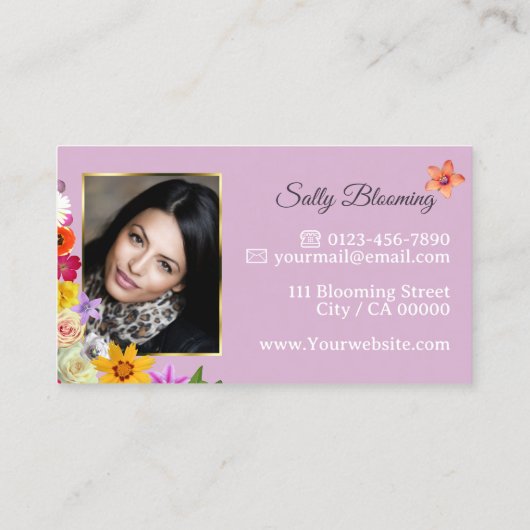 花エレガント咲き野花金ゴールド薄紫ロゴ写真 名刺 (裏面)