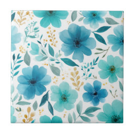 花エレガント咲き青植物水彩 タイル