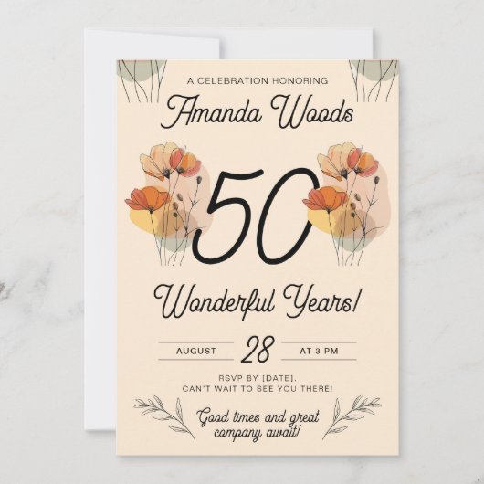 花エレガント咲き50歳の誕生日パーティー 招待状 (正面)