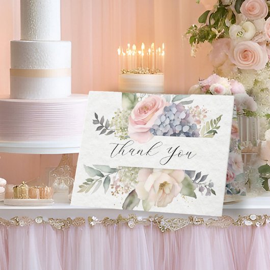 花エレガント園ピンクローズブルーアジサイ サンキューカード