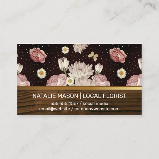 花エレガント形蝶 |木製金ゴールドトリム 名刺 (裏面)