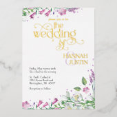 花エレガント春夏結婚の1B金ゴールド 箔招待状 (正面)