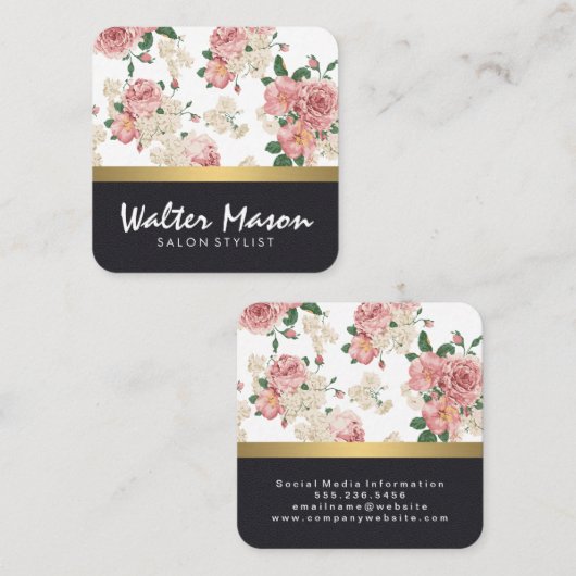 花エレガント柄レザー金ゴールドトリム スクエア名刺 (正面/裏面)