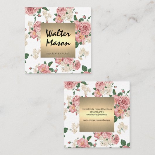 花エレガント柄金ゴールドトリム正方形 スクエア名刺 (正面/裏面)