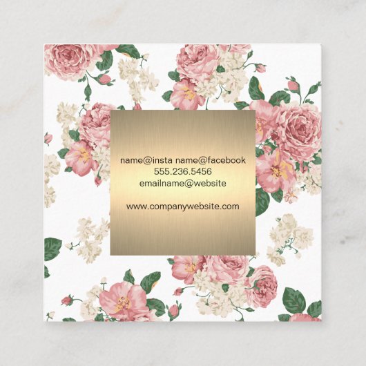 花エレガント柄金ゴールドトリム正方形 スクエア名刺 (裏面)