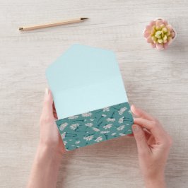 花エレガント柄 – ティール（緑がかった色）&ホワイトボタニカル オールインワン招待状