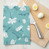 花エレガント柄 – ティール（緑がかった色）&ホワイトボタニカル キッチンタオル (四つ折り)