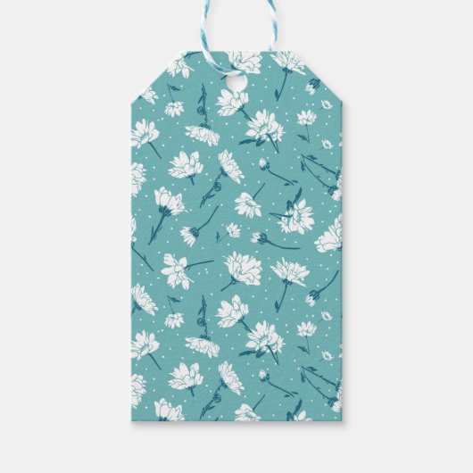 花エレガント柄 – ティール（緑がかった色）&ホワイトボタニカル ギフトタグ (正面)