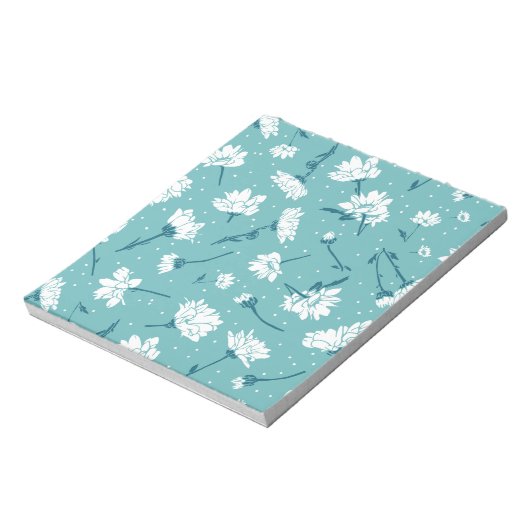 花エレガント柄 – ティール(緑がかった色)&ホワイトボタニカル ノートパッド (回転)