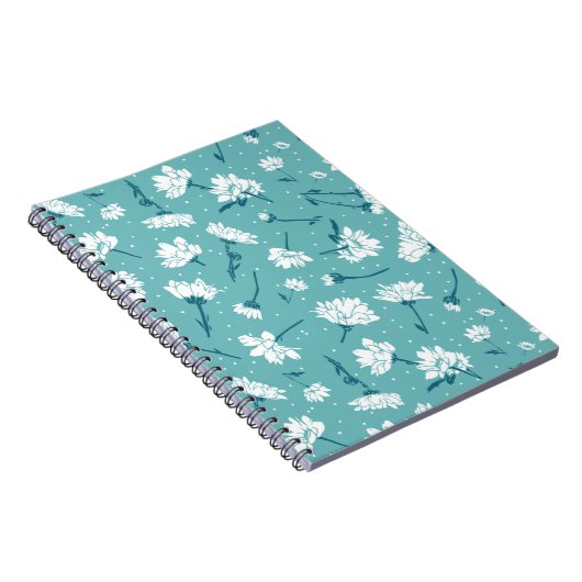 花エレガント柄 – ティール(緑がかった色)&ホワイトボタニカル ノートブック (右側)