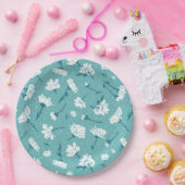 花エレガント柄 – ティール(緑がかった色)&ホワイトボタニカル ペーパープレート (パーティー)