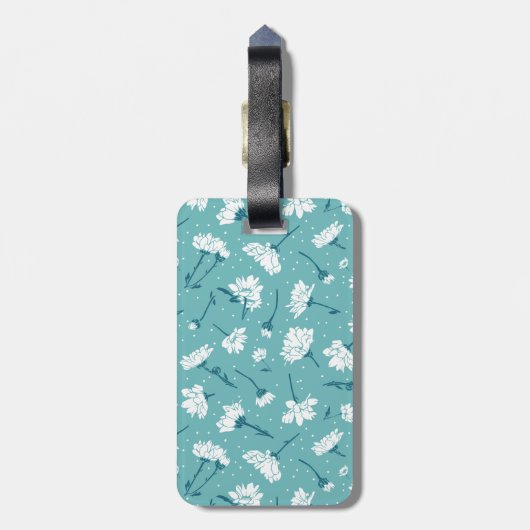 花エレガント柄 – ティール(緑がかった色)&ホワイトボタニカル ラゲッジタグ (裏面縦)