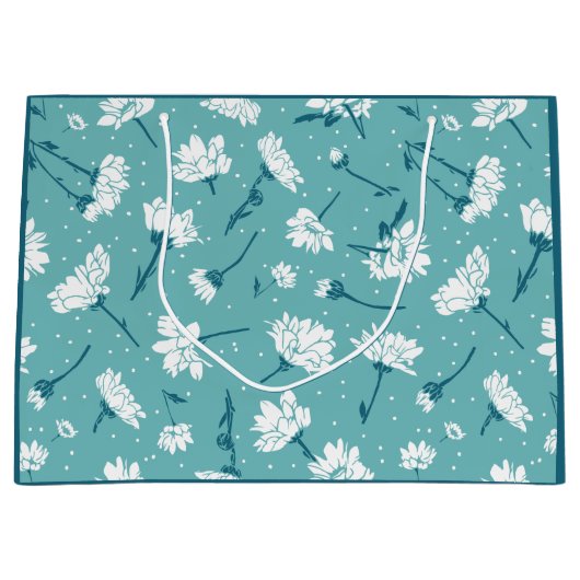 花エレガント柄 – ティール（緑がかった色）&ホワイトボタニカル ラージペーパーバッグ (正面)