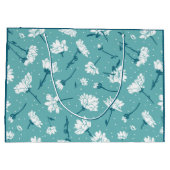 花エレガント柄 – ティール（緑がかった色）&ホワイトボタニカル ラージペーパーバッグ (裏面)