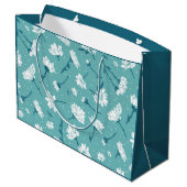花エレガント柄 – ティール（緑がかった色）&ホワイトボタニカル ラージペーパーバッグ (裏面アングル)