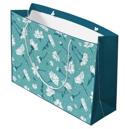 花エレガント柄 – ティール(緑がかった色)&ホワイトボタニカル ラージペーパーバッグ (裏面アングル)