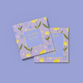 花エレガント柄 – 黄色と青の花， スクエア名刺