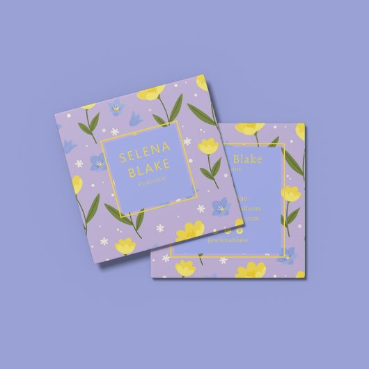 花エレガント柄 – 黄色と青の花， スクエア名刺