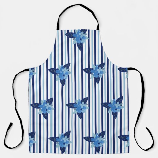 花エレガント模様ストライプ単色ブルー エプロン (正面)
