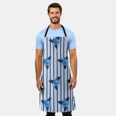 花エレガント模様ストライプ単色ブルー エプロン (着用した状態)