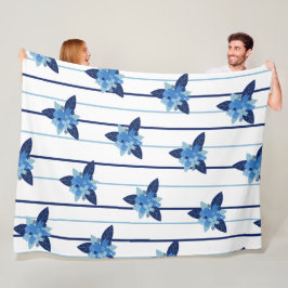 花エレガント模様ストライプ単色ブルー フリースブランケット