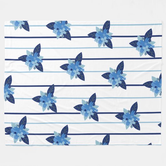 花エレガント模様ストライプ単色ブルー フリースブランケット (正面(横))