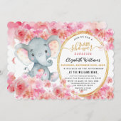 花エレガント水色かわいい象の赤ちゃんシャワー 招待状 (正面/裏面)