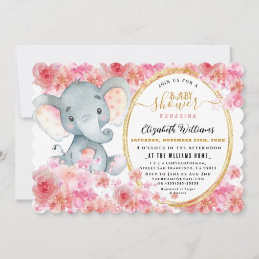 花エレガント水色かわいい象の赤ちゃんシャワー 招待状 (正面)