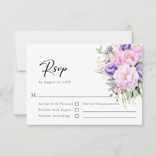 花エレガント牡丹ラベンダーピンク結婚ズ 出欠カード (正面)