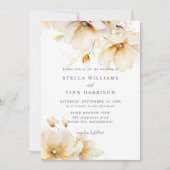 花エレガント白い黄色の金ゴールド結婚の 招待状 (正面)
