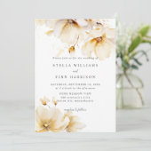 花エレガント白い黄色の金ゴールド結婚の 招待状 (スタンド正面)