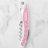 花エレガント色ピンクと赤のダマスク ソムリエナイフ (正面)