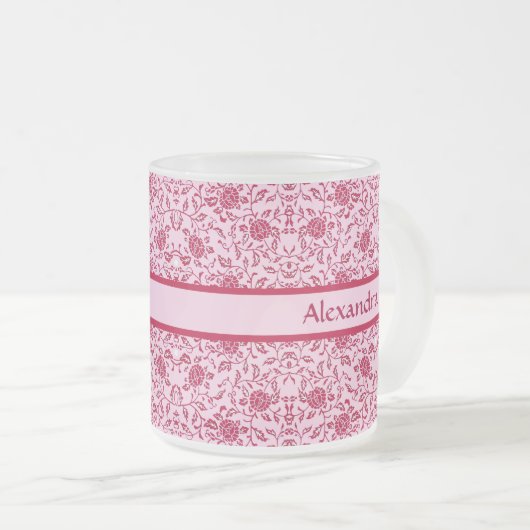 花エレガント色ピンクと赤のダマスク フロストグラスマグカップ (正面右)