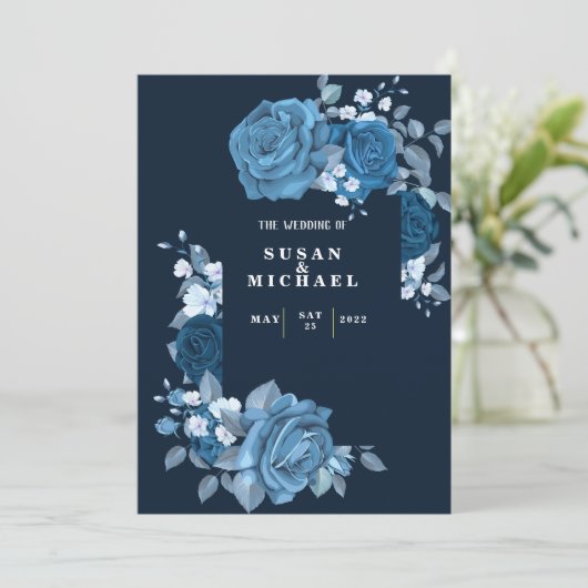 花エレガント色ブルー結婚式招待状 招待状 (スタンド正面)