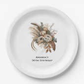 花エレガント葉と羽の誕生日 ペーパープレート (正面)