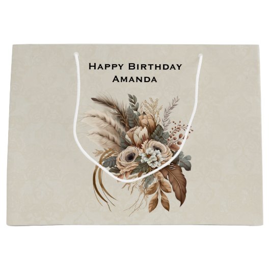 花エレガント葉と羽の誕生日 ラージペーパーバッグ (正面)