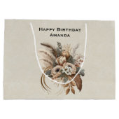 花エレガント葉と羽の誕生日 ラージペーパーバッグ (裏面)