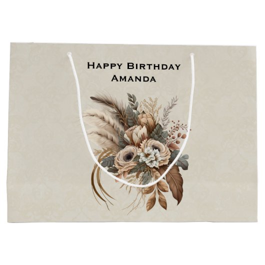 花エレガント葉と羽の誕生日 ラージペーパーバッグ (裏面)