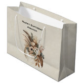 花エレガント葉と羽の誕生日 ラージペーパーバッグ (正面アングル)