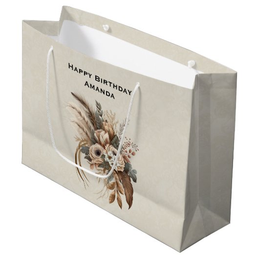 花エレガント葉と羽の誕生日 ラージペーパーバッグ (正面アングル)