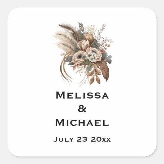 花エレガント葉と羽結婚の年代 スクエアシール (正面)