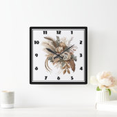 花エレガント葉と羽 スクエア壁時計 (ホーム)