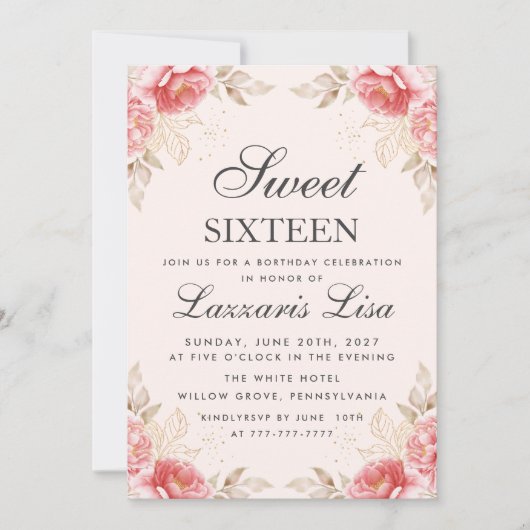 花エレガント誕生日金ゴールドSweet 16 招待状 (正面)