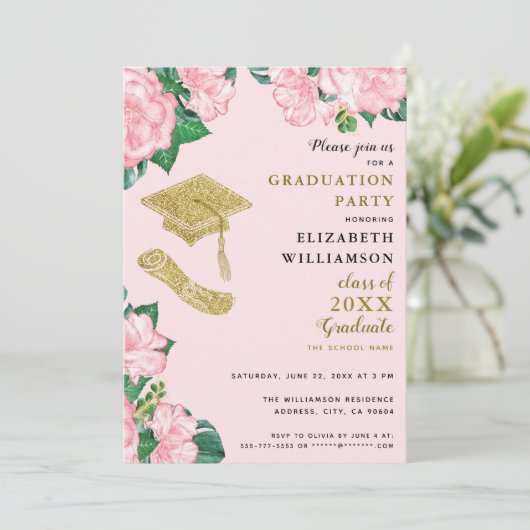 花エレガント赤面ピンクと金ゴールド卒業 招待状 (スタンド正面)