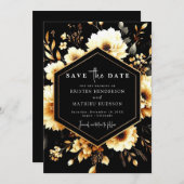 花エレガント金ゴールドと黒結婚色 セーブザデート (正面/裏面)