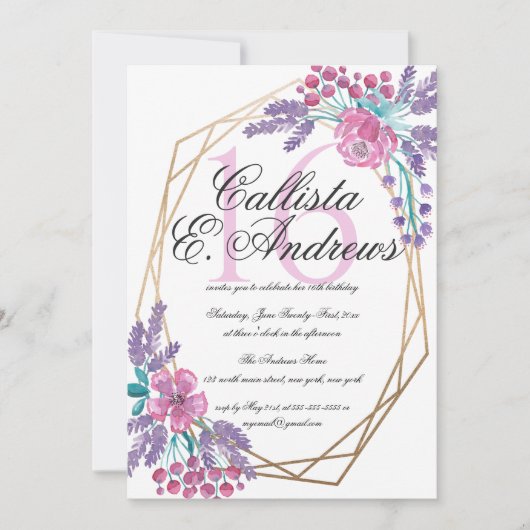 花エレガント金ゴールドテラリウム水彩甘い16 招待状 (正面)